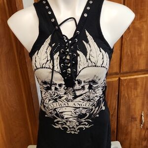 Black Lace-Up Graphic Tank Top